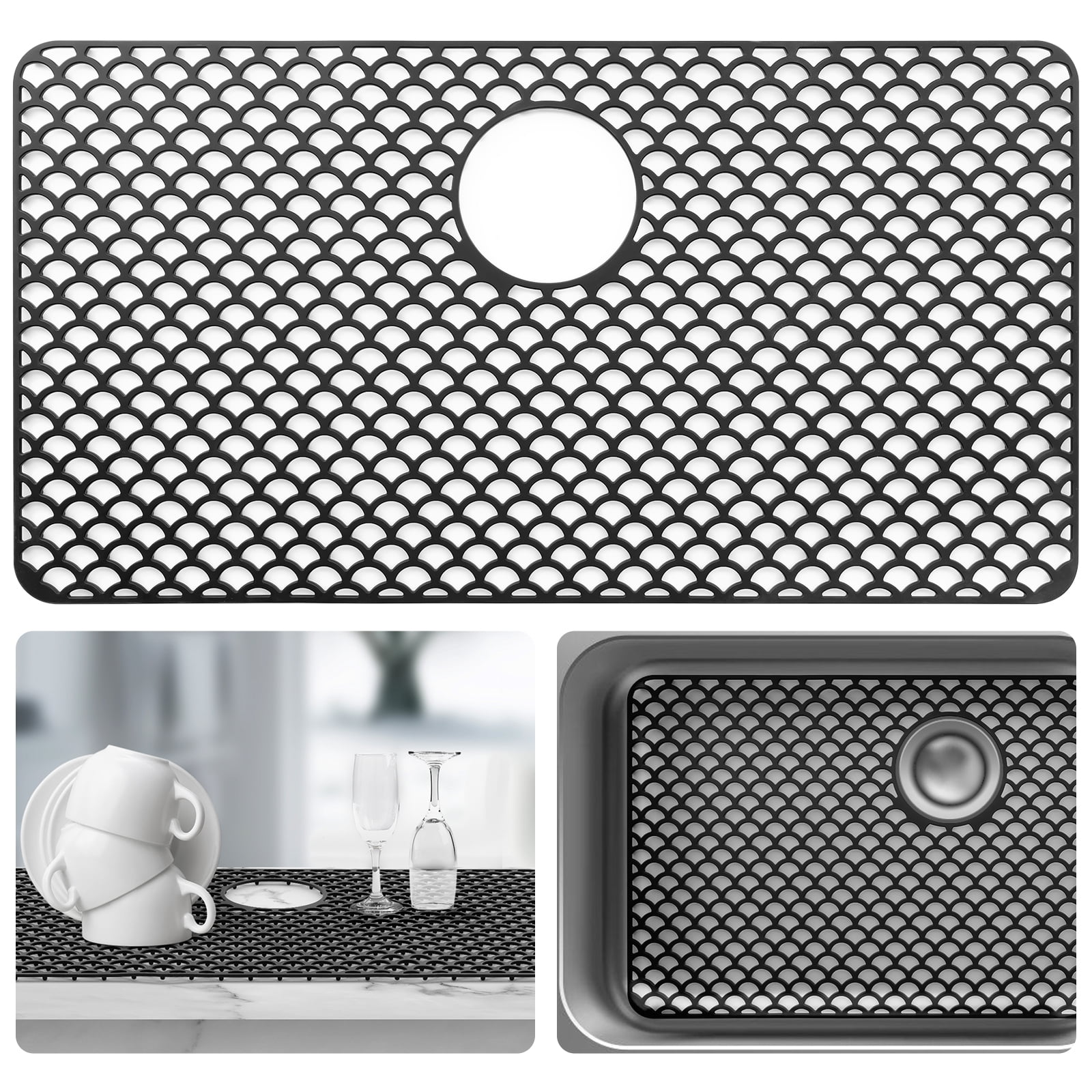 Sink Protectors for Kitchen Sink - Large 28.4"x 15" with Rear Drain Hole Heat Resistant Easy Clean Non-slip Silicone Drying Kitchen Sink Mat for Bottom of Kitchen Sink Stainless Steel(Black)-72x38CM