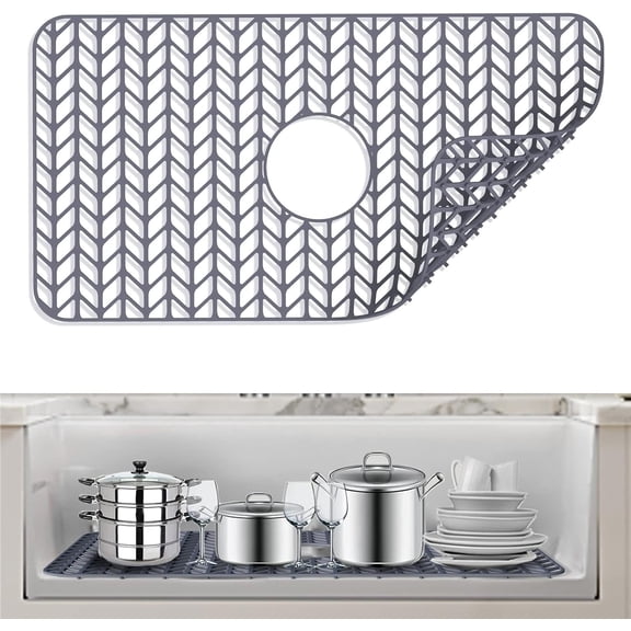 YOYAHATEM Heat-resistant Easy-clean Silicone Sink Mat with Center Drain, 26" x 14", Grey