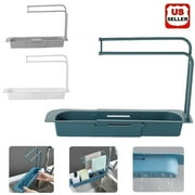 Sink Rack Kitchen Organizer Telescopic Sink Sponge Holder,Expandable Dish Caddy Drying Rack,Drain Basket Tray Caddy Shelf Scrubber and Adjustable Hanger with Towel Bar