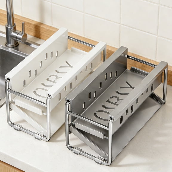 Sink Rack Stainless Steel, Double Layer Kitchen Organizer with Drainboard and Cutlery Shelf, Space-saving Countertop Storage for Sponges and Supplies, Topliu