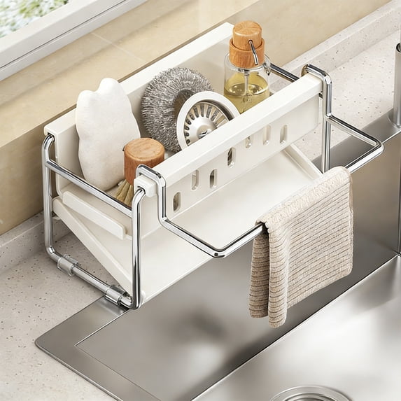 Sink Rack Storage Shelf, Stainless Steel, Double-layer Kitchen Organizer, Drainage Hanging Basket, Countertop Utility Rack for Sponges and Supplies, Topliu