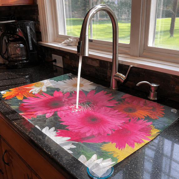 Sink Out Of Sight® Adjustable Flow-Through Mesh Kitchen Sink Cover, 20 x 39.5", Cheerful Daisies