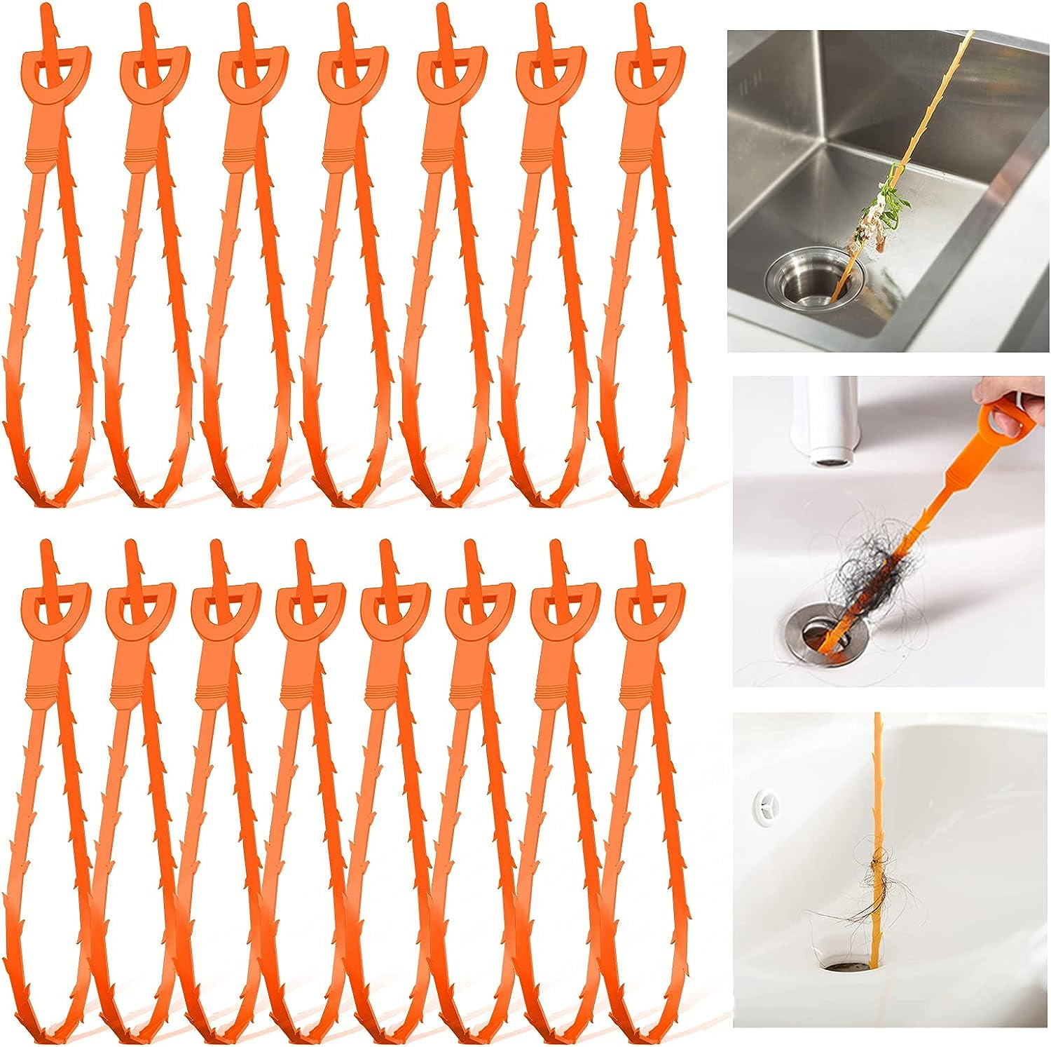 Sink Snake Drain Clog Remover 15 Pack, Plastic Hair Snake Tool 20 Inch