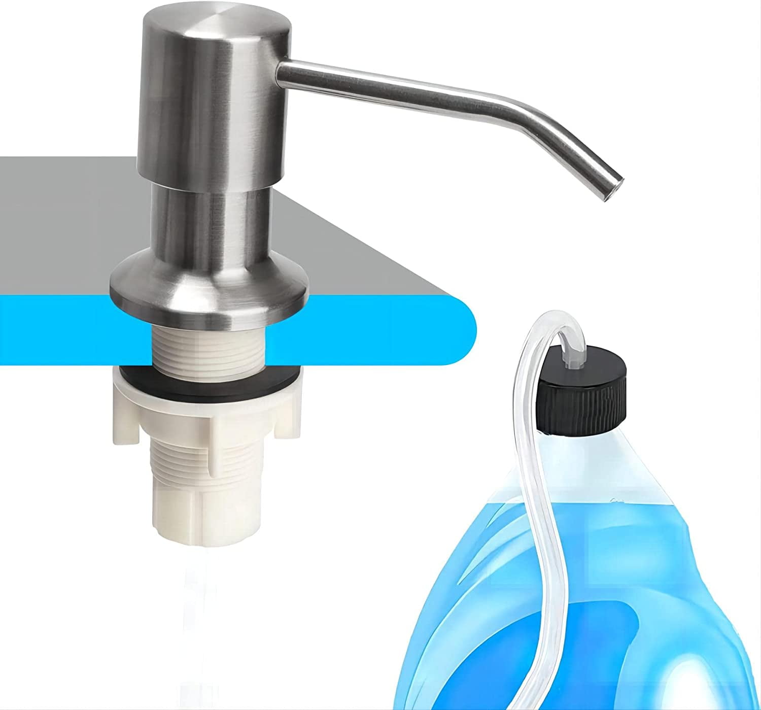 Sink Soap Dispenser for Kitchen Sink, Countertop Built in Sink Soap Dispenser with Tube kit, No Need to Fill The Little Bottle Again