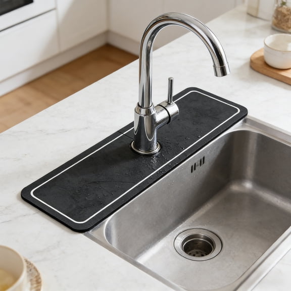 Sink Splash Guard, Diatomite Faucet Mat, Water Absorbent Drying Pad for Kitchen Bathroom Countertop Protection(Black)