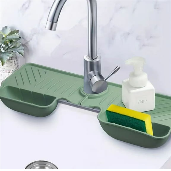 Sink Splash Guard, Kitchen Faucet Drip Catcher with Storage Function, 17.6 X 6.1 Size with Sponge Holder and Soap Tray, Non-slip & Quick-drain Design for Countertop Protection, Ideal for