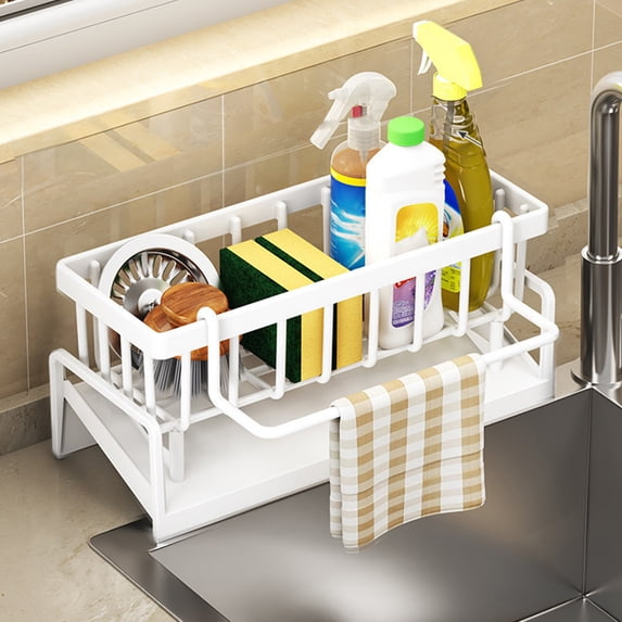 Sink Sponge Caddy, Auto Draining Kitchen Sink Organizer, Multi-Functional Storage Tray with Brush Holder, Durable Basket for Kitchen Sink Counter