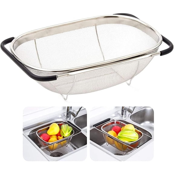 Over The Sink Stainless Steel Oval Colander with Expandable Rubber Grip Handles Strainers, Fine Mesh Strainer Basket Kitchen 6 Quarts Colander for , Drain, Rinse Fruits, Vegetables