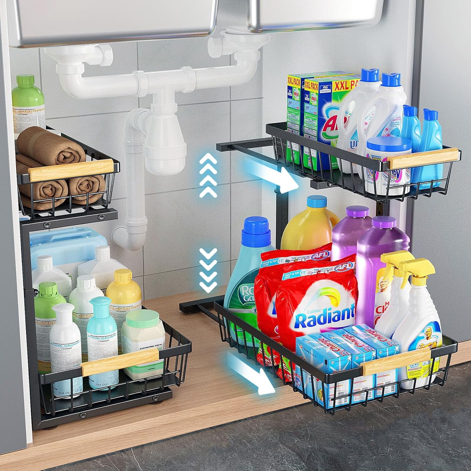 Under Sink Organizer 2 Pack, 2 Tier Pull Out Under Sink Organizers and Storage, Under Cabinet Organizer Shelf Drawers, Large Metal Adjustable Slide Out Under the Sink Organizer for Kitchen Bathroom.