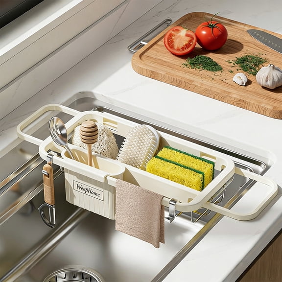 Sink Storage Rack - Expandable Adjustable Design, Ventilated Drainage Mesh, Countertop Organization, Minimalist Kitchen Sink Caddy