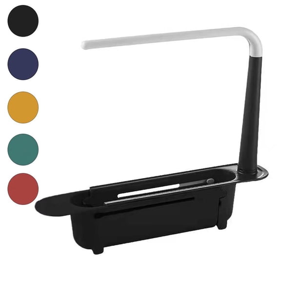 Sink Storage Rack Holder-Adjustable 2-in-1 Sink Organizer,Expandable Sink Basket, Sponge Holder+Dish Cloth Hanger-Black