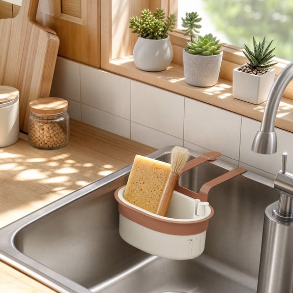 Sink Strainer Basket with Press Dumping and Self-Cleaning Design, Snap-On Faucet Hanging Food Catcher for Sponge Holder, Adjustable Kitchen Sink Strainer Basket for One-Click Waste Disposal