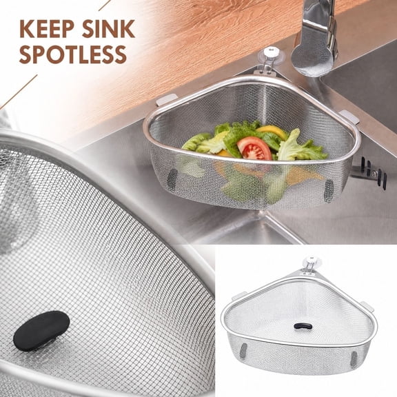 Sink Strainer Basket with Suction Cup - Stainless Steel Corner Colander for Kitchen Sink, Mesh Food Drainer for Vegetables & Fruits