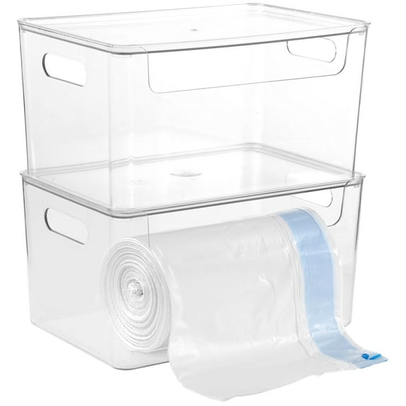 Under Sink Trash Bag Organizers, 2 PCS Roll Trash Bag Holder, Extra Large Roll Trash Bag Dispenser with Lid, Large Clear Plastic Garbage Bag Roll Holder, Storage Box for Kitchen Sinks, Cabinets