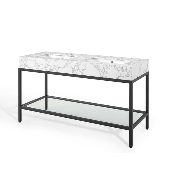 Sink Vanity Cabinet, Artificial Marble, Metal Steel, Black White, Modern Contemporary Urban Design, Hotel Bedroom Bathroom Master Suite Guest