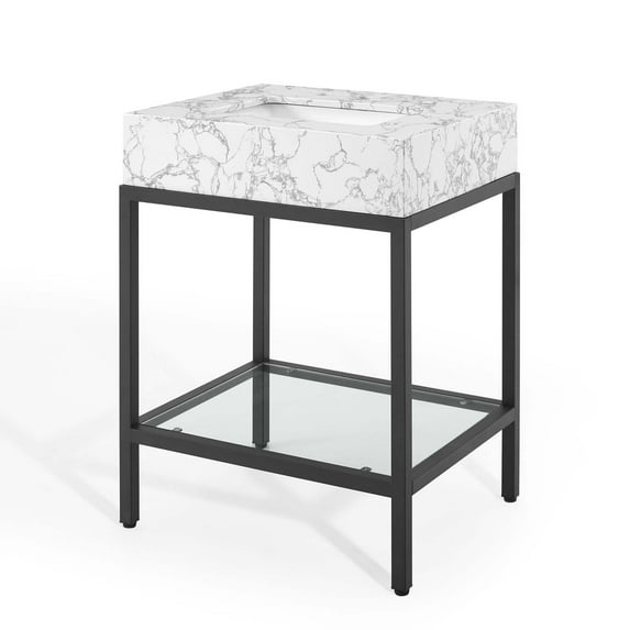 Sink Vanity Cabinet, Artificial Marble, Metal Steel, Black White, Modern Contemporary Urban Design, Hotel Bedroom Bathroom Master Suite Guest