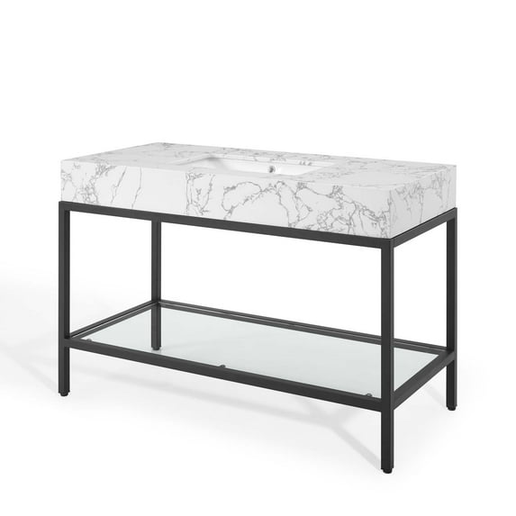 Sink Vanity Cabinet, Artificial Marble, Metal Steel, Black White, Modern Contemporary Urban Design, Hotel Bedroom Bathroom Master Suite Guest