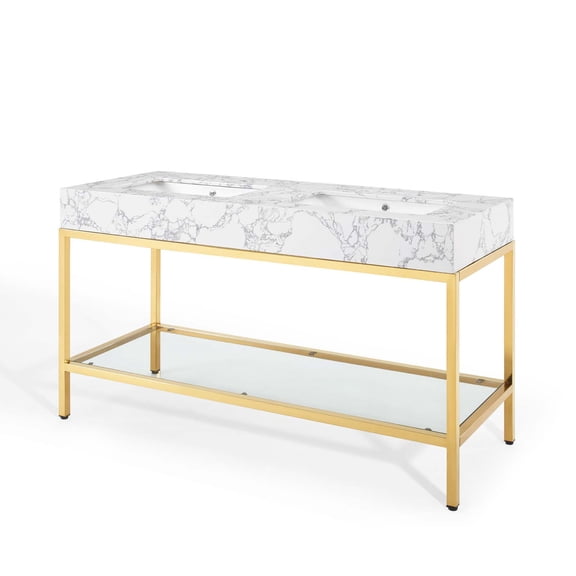 Sink Vanity Cabinet, Artificial Marble, Metal Steel, Gold White, Modern Contemporary Urban Design, Hotel Bedroom Bathroom Master Suite Guest