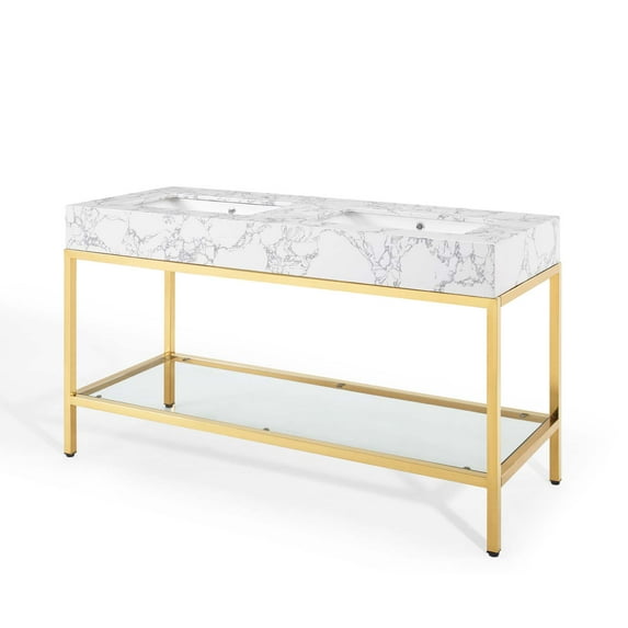 Sink Vanity Cabinet, Artificial Marble, Metal Steel, Gold White, Modern Contemporary Urban Design, Hotel Bedroom Bathroom Master Suite Guest