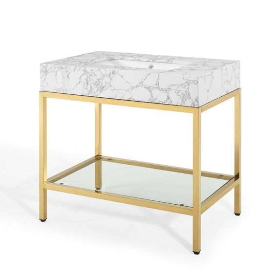 Sink Vanity Cabinet, Artificial Marble, Metal Steel, Gold White, Modern Contemporary Urban Design, Hotel Bedroom Bathroom Master Suite Guest