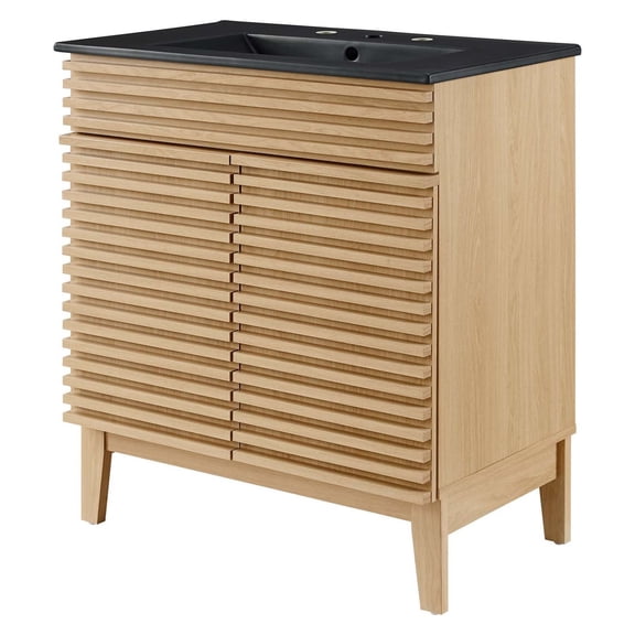 Sink Vanity Cabinet, Brown Oak Black, Wood, Mid Century Hotel Bedroom Bathroom, Modern Contemporary HB33695