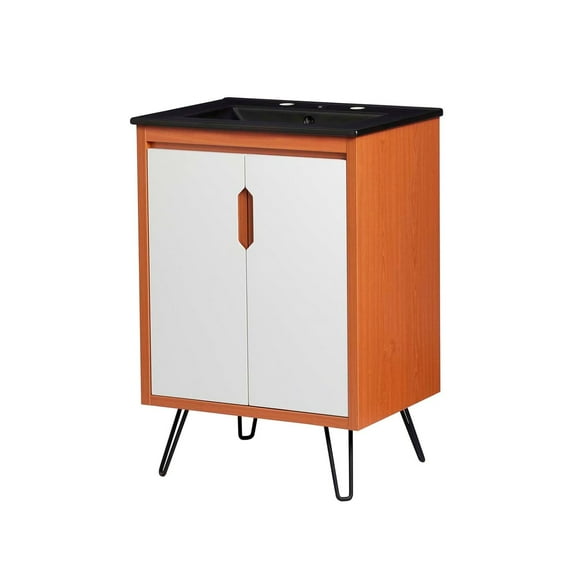 Sink Vanity Cabinet, Cherry White Black, Wood, Mid Century Hotel Bedroom Bathroom, Modern Contemporary HB34090