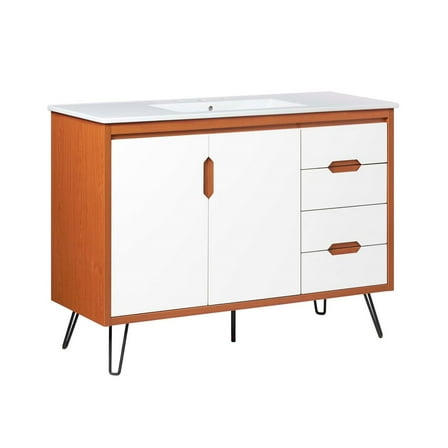 Sink Vanity Cabinet, Cherry White, Wood, Mid Century Hotel Bedroom Bathroom, Modern Contemporary HB34099