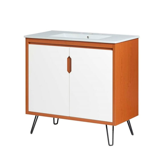 Sink Vanity Cabinet, Cherry White, Wood, Mid Century Hotel Bedroom Bathroom, Modern HB34093