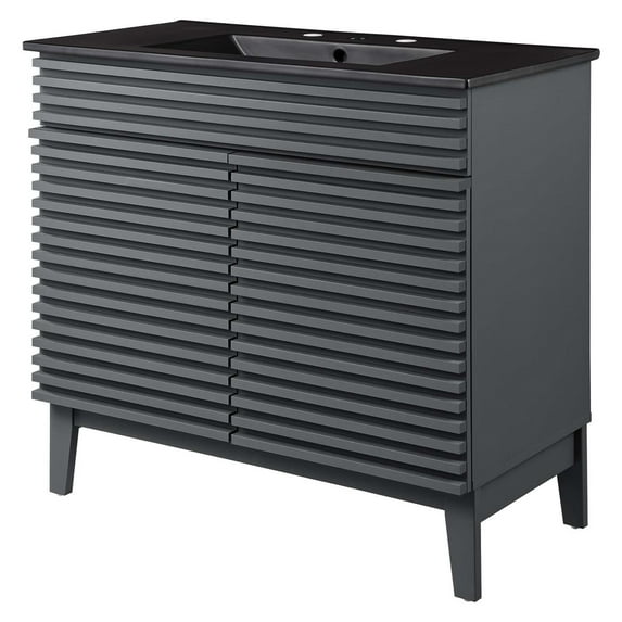 Sink Vanity Cabinet, Grey Gray Black, Wood, Mid Century Hotel Bedroom Bathroom, Modern Contemporary HB33678