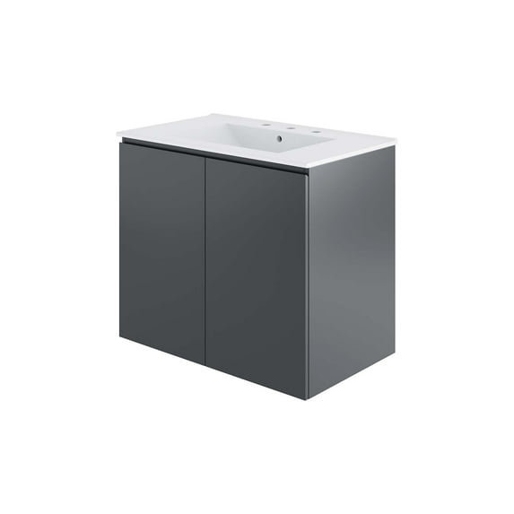 Sink Vanity Cabinet, Wall Mount, White Grey Gray, Ceramic, Melamine, Modern Contemporary, Hotel Bedroom Bathroom Master Suite Guest