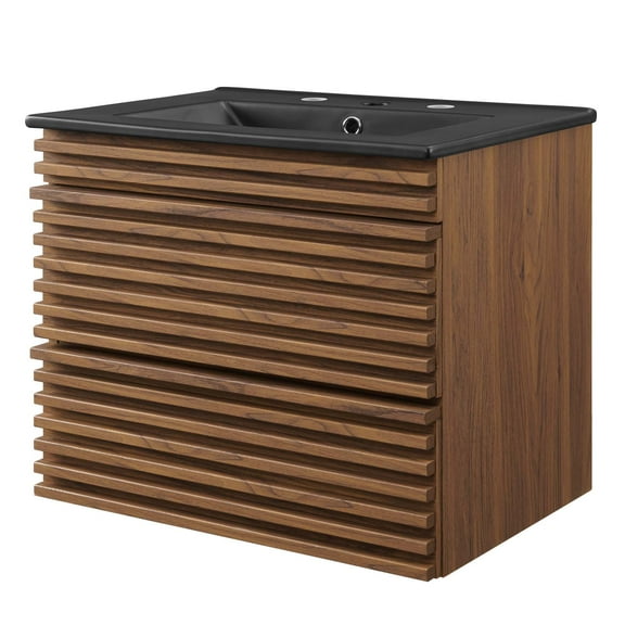 Sink Vanity Cabinet, Wall Mounted, Wood, Brown Walnut Black, Modern Contemporary Urban Design, Hotel Bedroom Bathroom Master Suite Guest