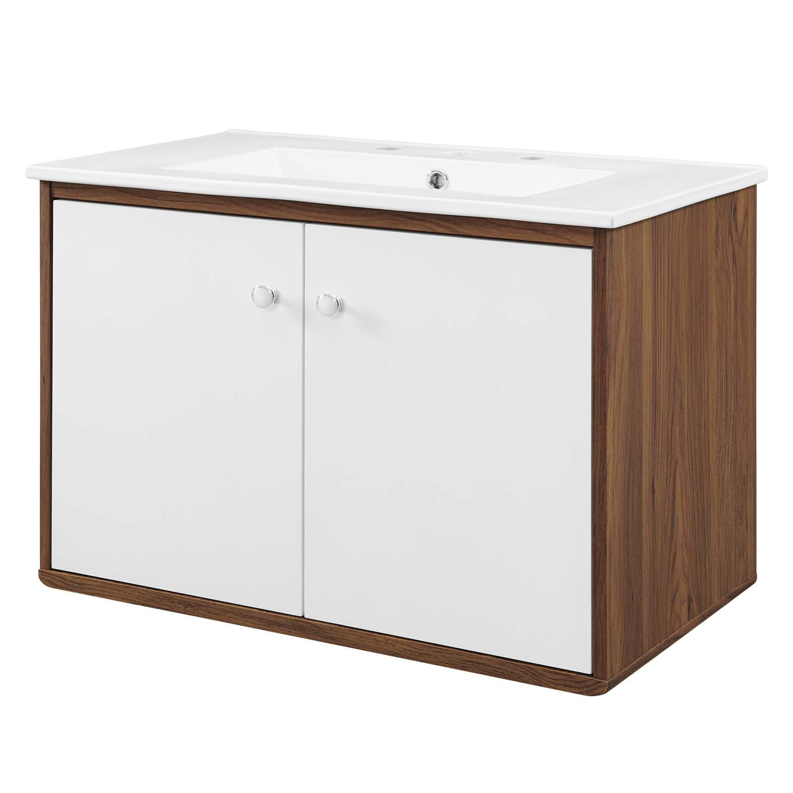 Sink Vanity Cabinet, Wall Mounted, Wood, Brown Walnut White, Modern Contemporary Urban Design, Hotel Bedroom Bathroom Master Suite Guest