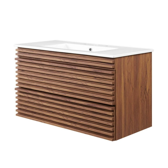 Sink Vanity Cabinet, Wall Mounted, Wood, Brown Walnut White, Modern Contemporary Urban Design, Hotel Bedroom Bathroom Master Suite Guest