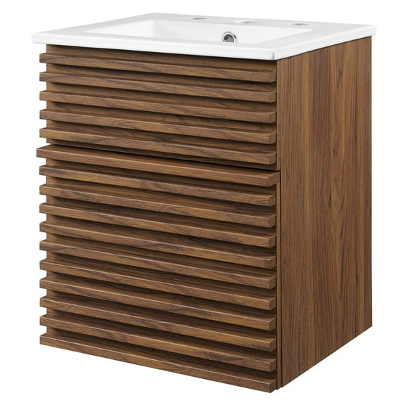Sink Vanity Cabinet, Wall Mounted, Wood, Brown Walnut White, Modern Contemporary Urban Design, Hotel Bedroom Bathroom Master Suite Guest