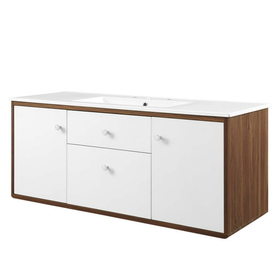 Sink Vanity Cabinet, Wall Mounted, Wood, Brown Walnut White, Modern Contemporary Urban Design, Hotel Bedroom Bathroom Master Suite Guest