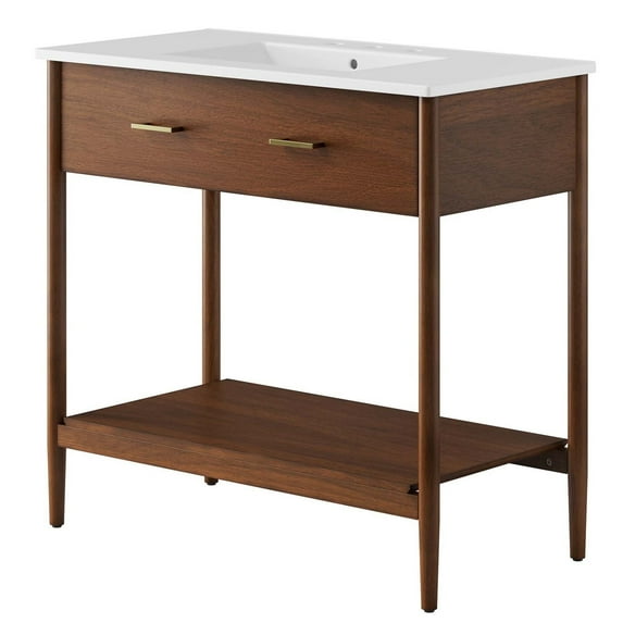 Sink Vanity Cabinet, Walnut White, Wood, Mid Century Hotel Bedroom Bathroom, Modern Contemporary HB36491