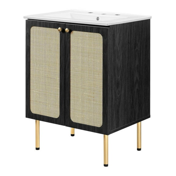 Sink Vanity Cabinet, White Black, Wood, Hotel Bedroom Bathroom, Modern Contemporary HB36411