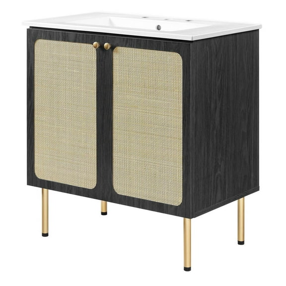 Sink Vanity Cabinet, White Black, Wood, Hotel Bedroom Bathroom, Modern Contemporary HB36416