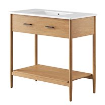 Sink Vanity Cabinet, White Natural, Wood, Mid Century Hotel Bedroom Bathroom, Modern Contemporary HB36490