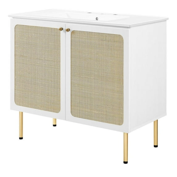 Sink Vanity Cabinet, White, Wood, Hotel Bedroom Bathroom, Modern Contemporary HB36423