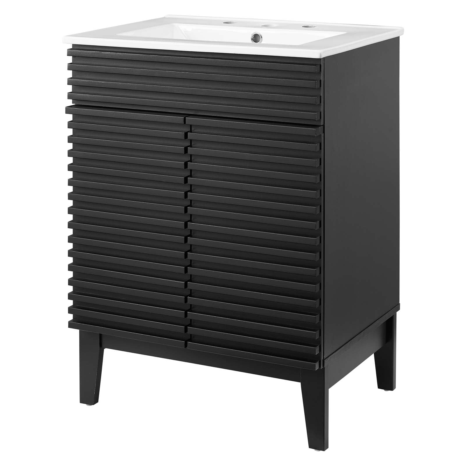 Mid-Century Modern Render 24" Black White Bathroom Vanity with Walnut Grain