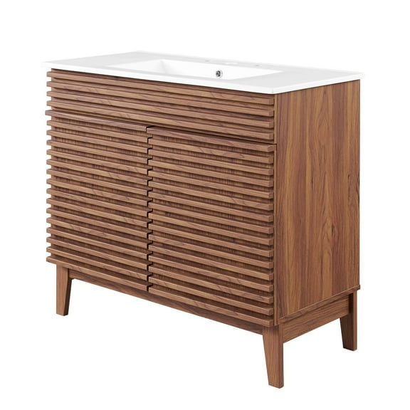 Sink Vanity Cabinet, Wood, Brown Walnut White, Modern Contemporary Urban Design, Hotel Bedroom Bathroom Master Suite Guest