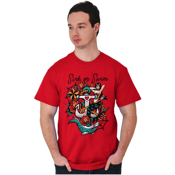 Sink or Swim Anchor Mermaid Tattoo Plus Size Crewneck Graphic Tee Shirt Brisco Brands 3X