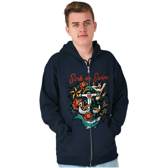 Sink or Swim Anchor Mermaid Tattoo Unisex Fleece Graphic Zip Up Hoodie Brisco Brands 4X