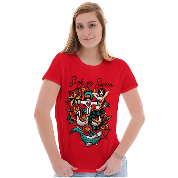 Sink or Swim Anchor Mermaid Tattoo Womens Slim Fit Graphic Tee Brisco Brands M
