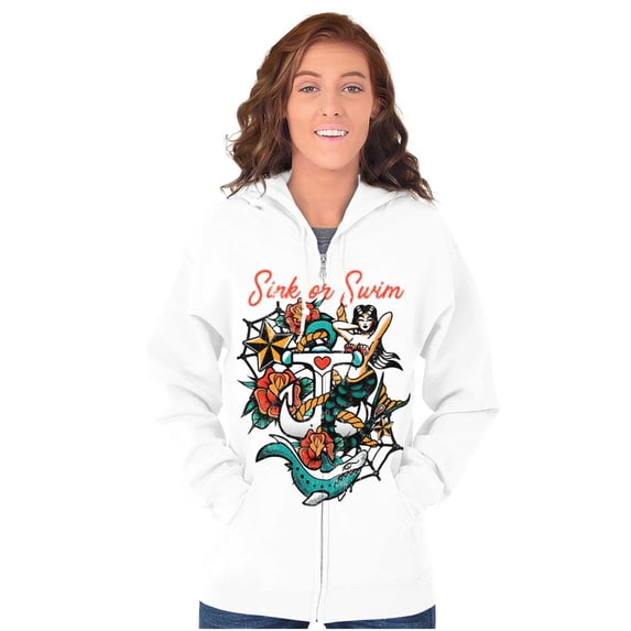 Sink or Swim Anchor Mermaid Tattoo Zip Up Hoodie Men's Women's Brisco Brands M