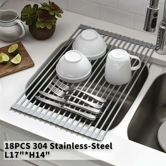 Sink rack,Roll Up Kitchen Sink Drying Rack, 18PCS 304 Stainless-Steel are connected and Silicone ,L17*H14
