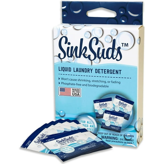 SinkSuds Laundry Detergent, Travel Size Liquid Soap, TSA Compliant, Safe For All Fabrics, 8 Packets (Packaging May Vary)