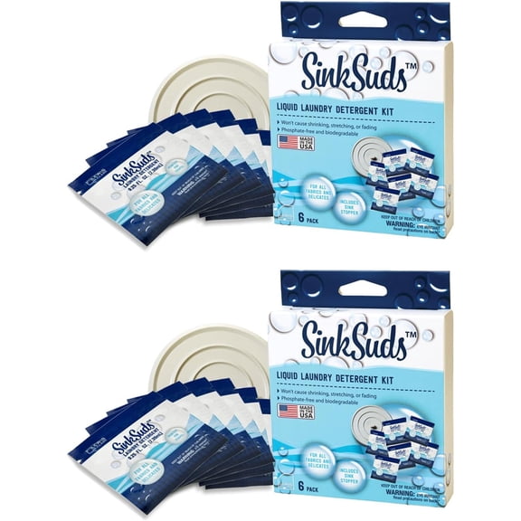 SinkSuds Laundry Detergent Travel Size Liquid Soap TSA Compliant Safe for All Fabrics 12 Packets & 2 Sink Stoppers