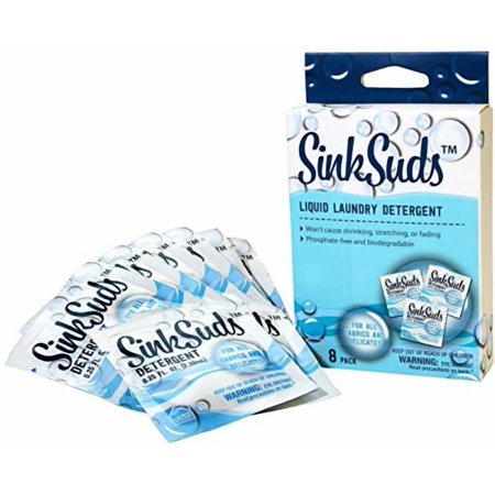 SinkSuds Travel Laundry Detergent Liquid Soap + Odor Eliminator for All Fabrics Including Delicates, (TSA Compliant), 8 Sink-Packets (0.25 fl oz each)